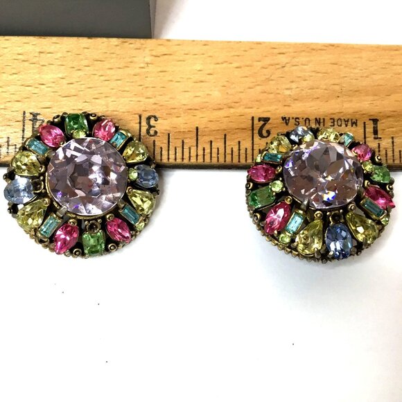 HOLLYCRAFT 1955 Vintage Rainbow Rhinestone Clip Earrings Pastel Statement - Picture 9 of 9